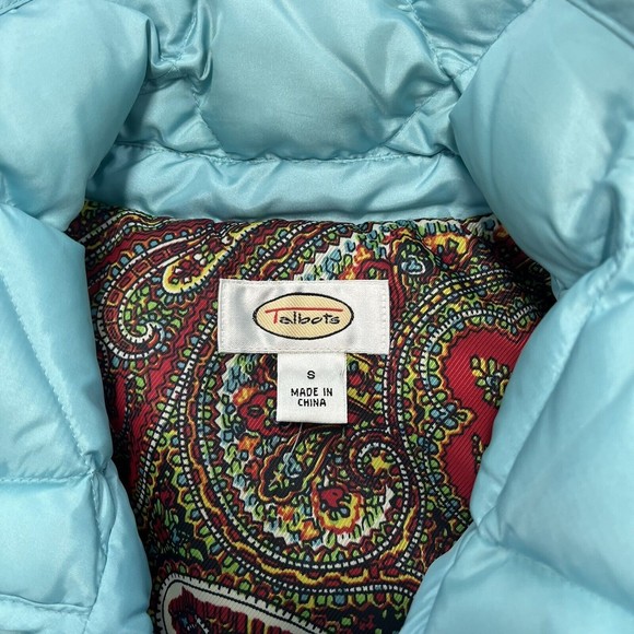 Talbots Down Puffer Vest Small Quilted Button Feather Aqua Teal Paisley Lining - Picture 3 of 10